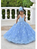 Blue Beaded Lace Tulle Blossom Flower Girl Dress